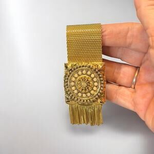 Vintage Whiting & Davis Gold Mesh Wide Bracelet Fringe Tassel Faux Pearls Retro